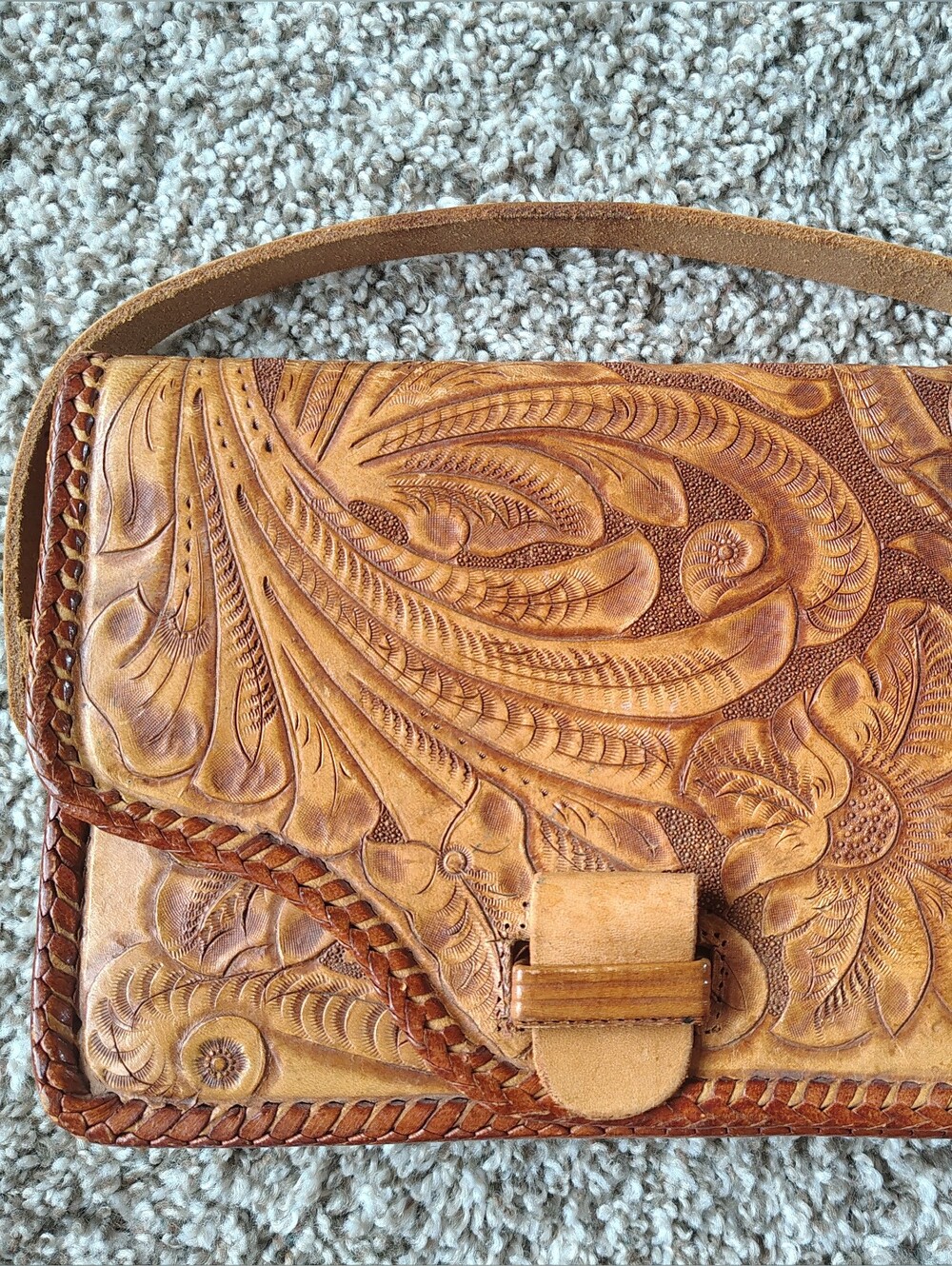 Hand-Tooled Thick Genuine Leather Shoulder Bag in Tan
